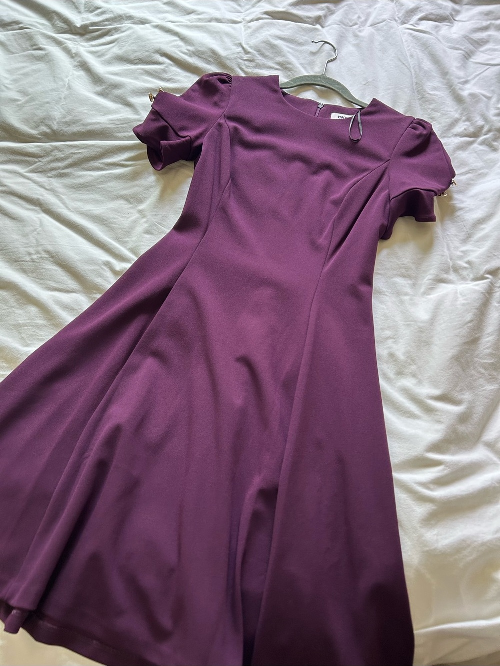 DKNY Plum A-Line Midi Dress with Puff Sleeves NWT